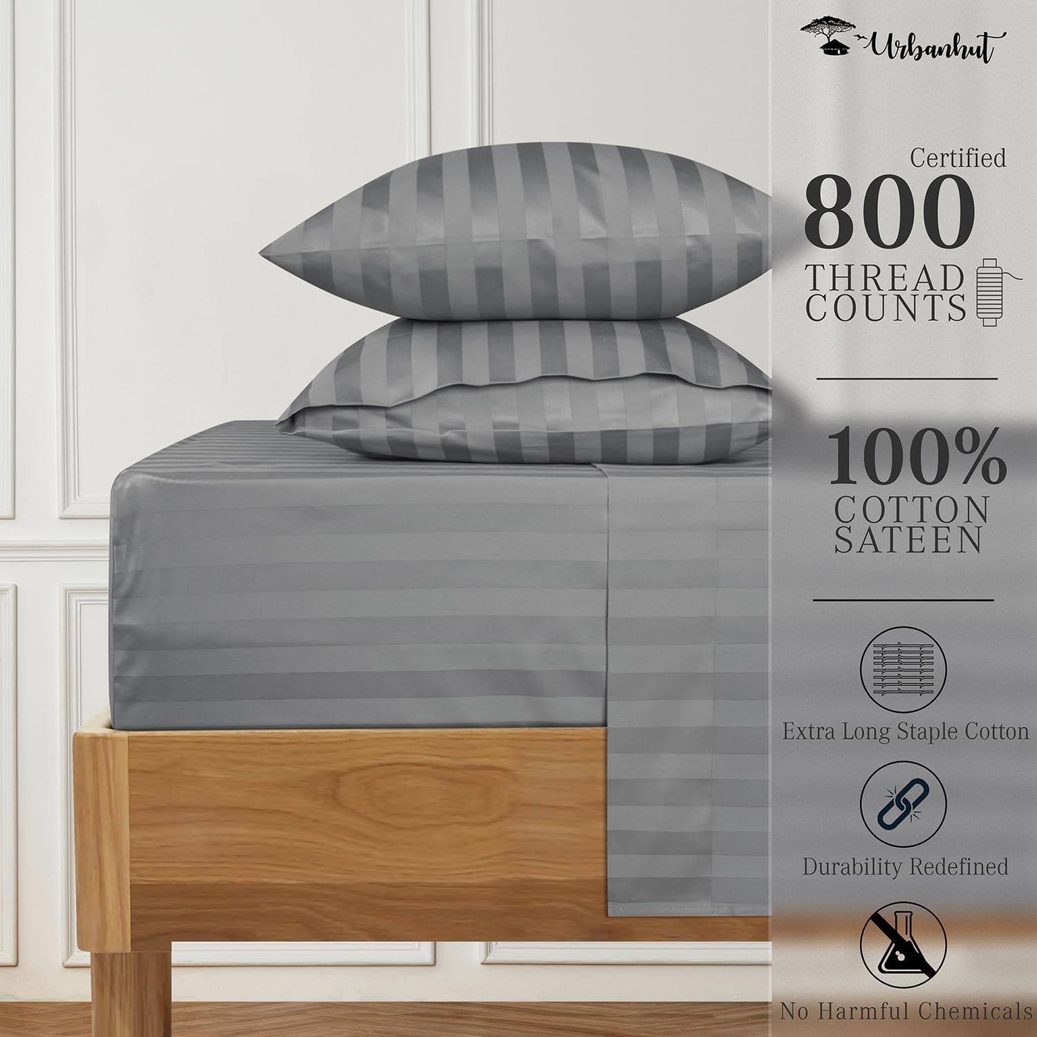 URBANHUT Juego de sábanas de 800 hilos de algodón puro tamaño matrimonial (4 piezas) – Sábanas ultrasuaves, gruesas y nítidas de tejido satinado, se