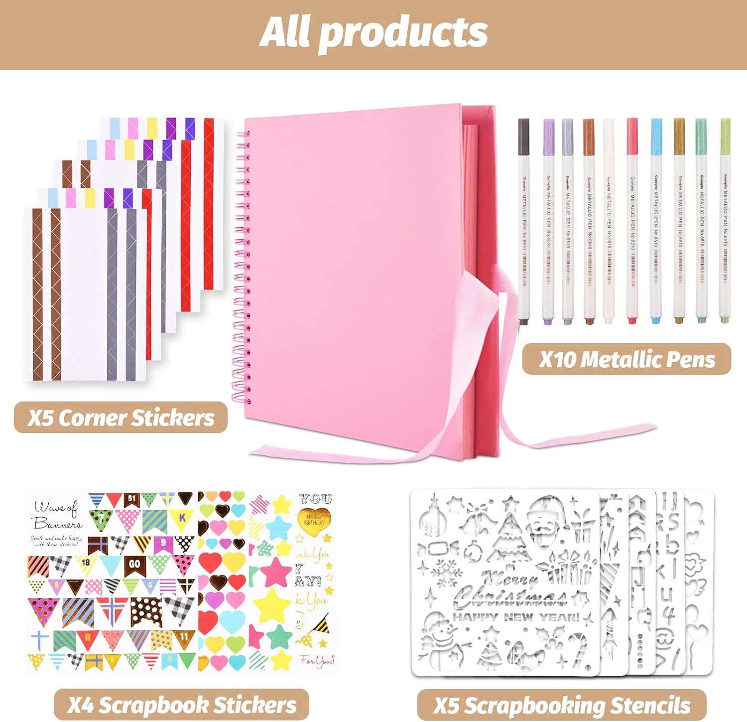 GOTIDEAL Álbum de recortes de 12 x 12 pulgadas con 10 marcadores metálicos, 80 páginas de papel artesanal para bodas y aniversarios, álbum de fotos
