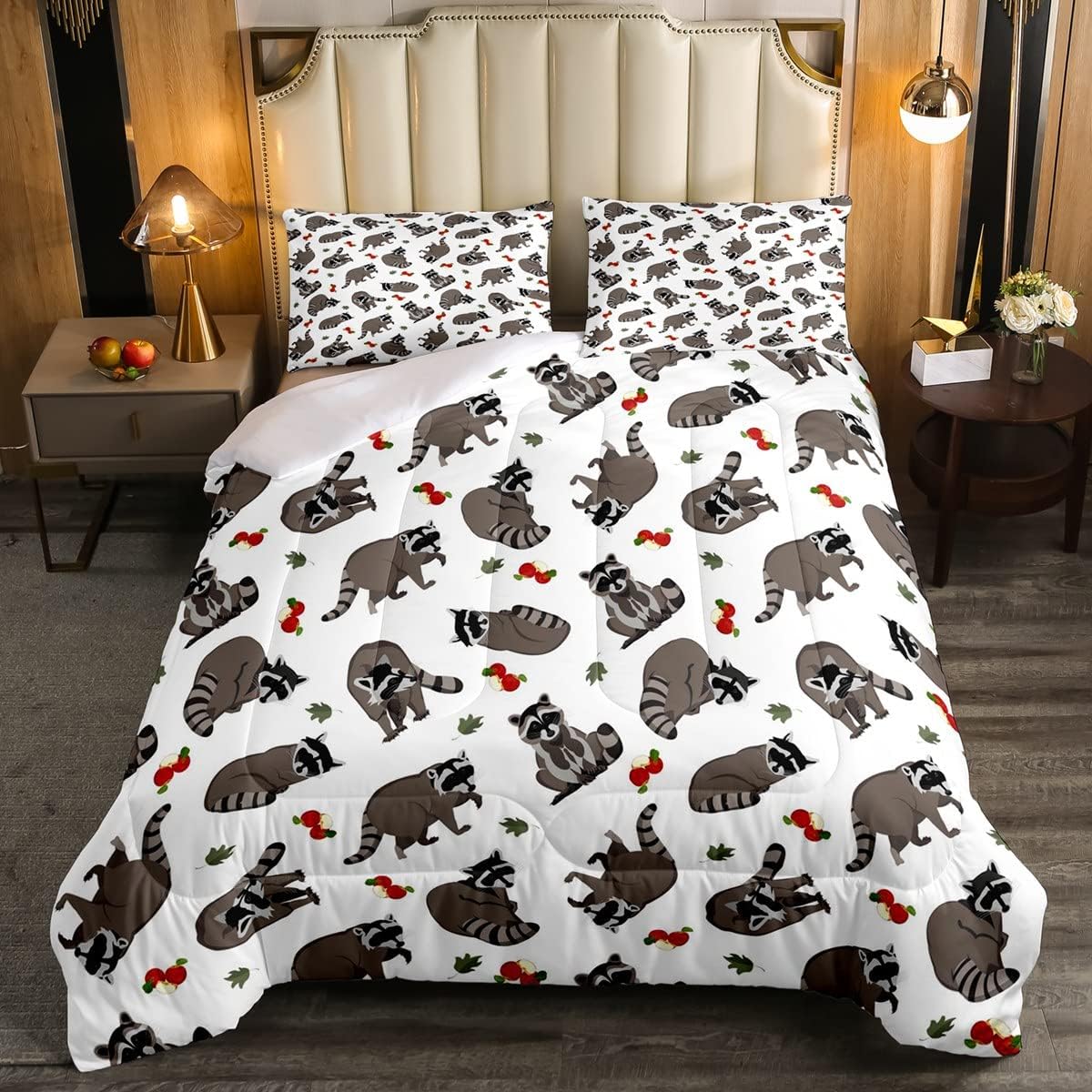 Feelyou Juego de edredón de mapaches lindos de dibujos animados para niños y niñas, bonito juego de ropa de cama con decoración de hojas de manzana,