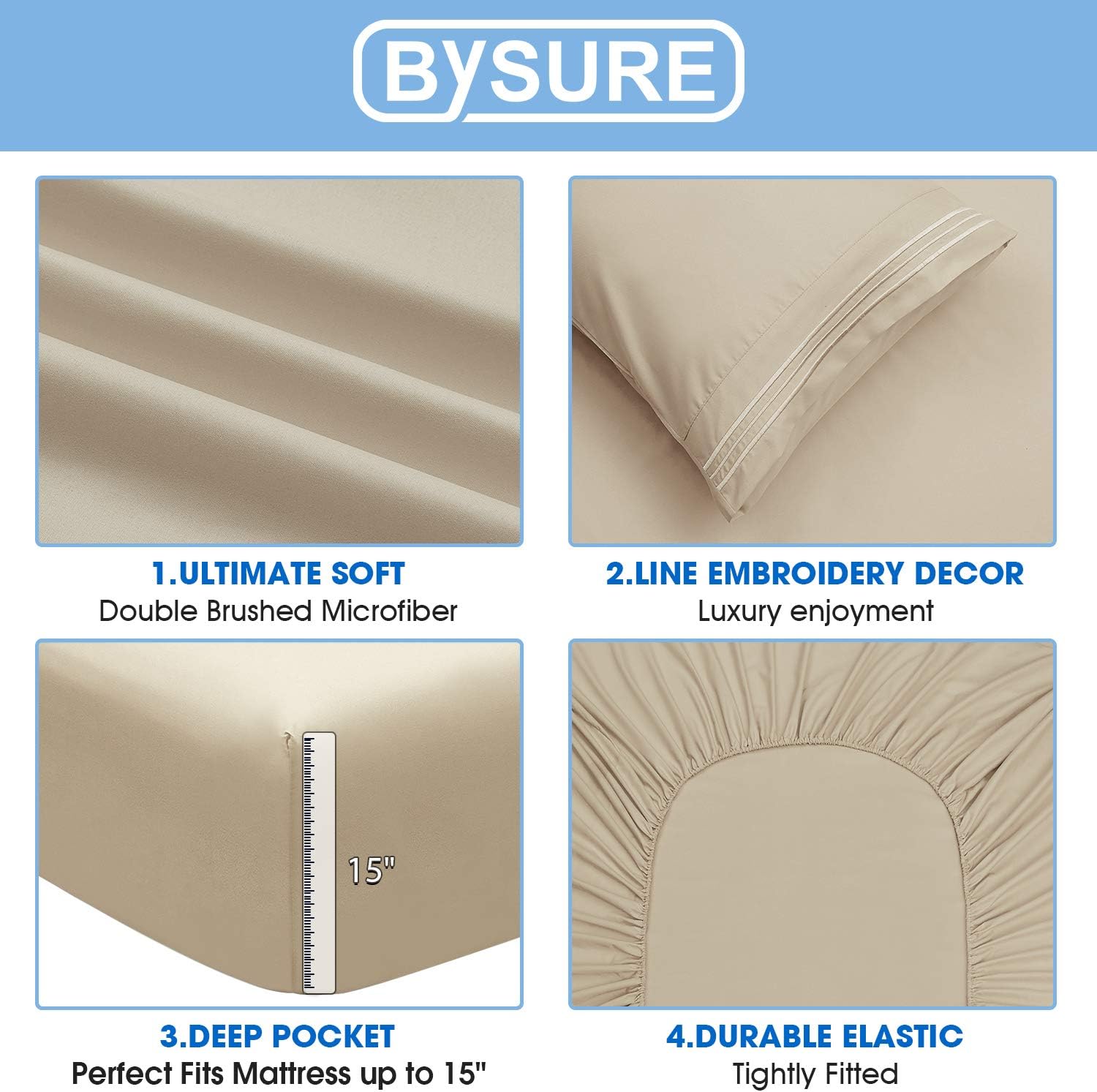 BYSURE Juego de sábanas de hotel con 4 fundas de almohada bordadas (tamaño King, crema), sábanas de microfibra de bolsillo profundo de 15 pulgadas,