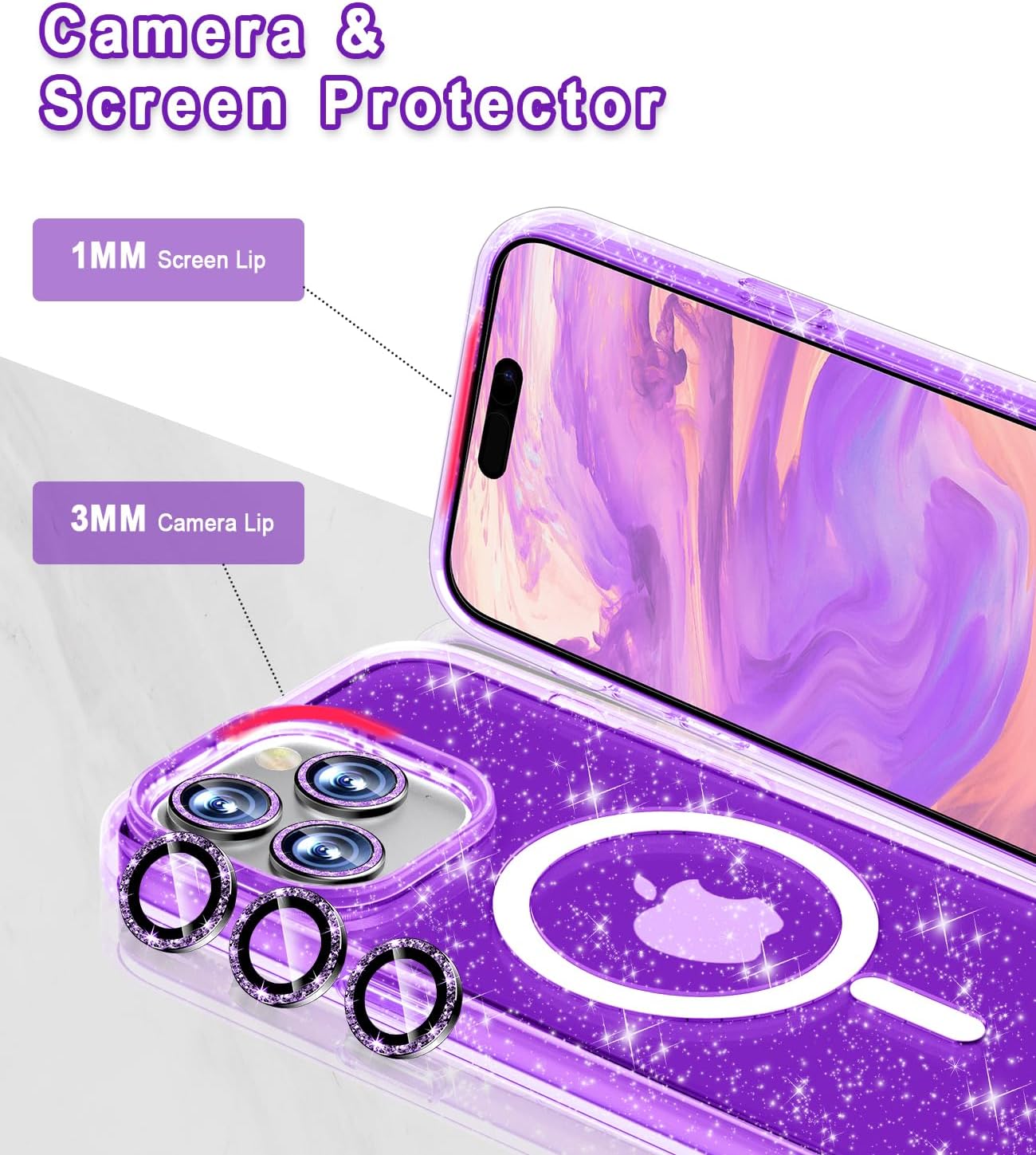 Funda magnética brillante para iPhone 15 Pro compatible con MagSafe, 2 protectores de pantalla y 2 protectores de lente de cámara de diamante,
