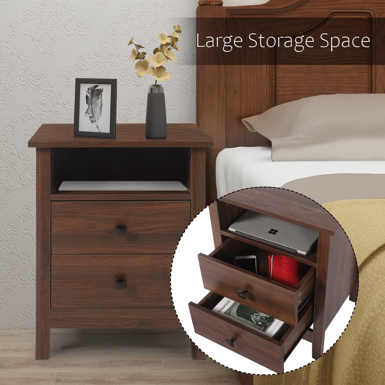 Vikiullf Mesitas de noche para dormitorio, juego de 2 mesitas de noche de madera, mesita de noche, mesita de noche con cajones, muebles de