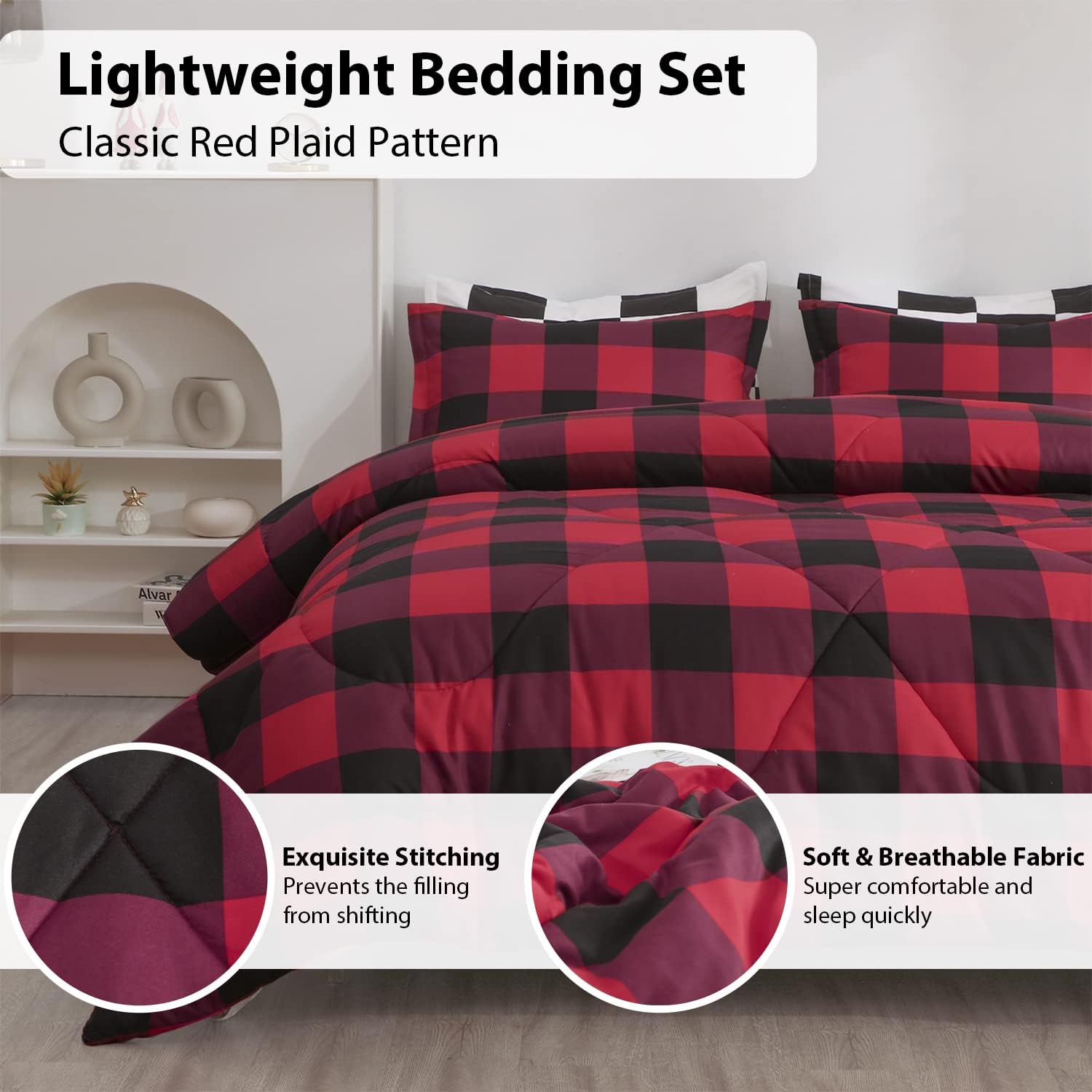 LUCKYBULL Juego de edredón tamaño matrimonial de 3 piezas, juego de ropa de cama esponjoso a cuadros rojos, edredón alternativo a cuadros de búfalo