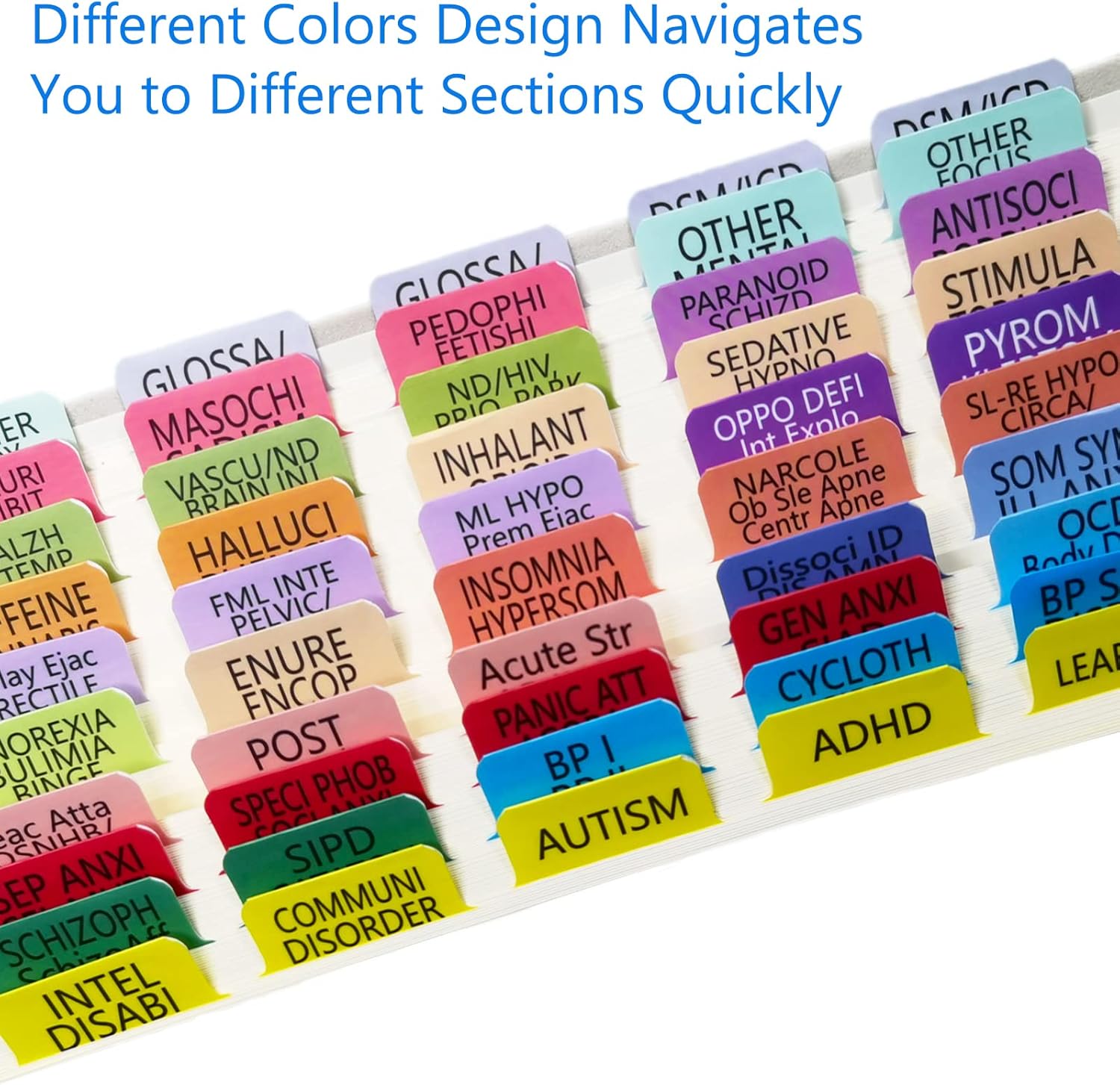 Fichas de índice para DSM-5-TR, DSM-5, funciona para la última versión DSM-V-TR 2022, 18 pestañas en blanco incluidas, codificadas por colores y