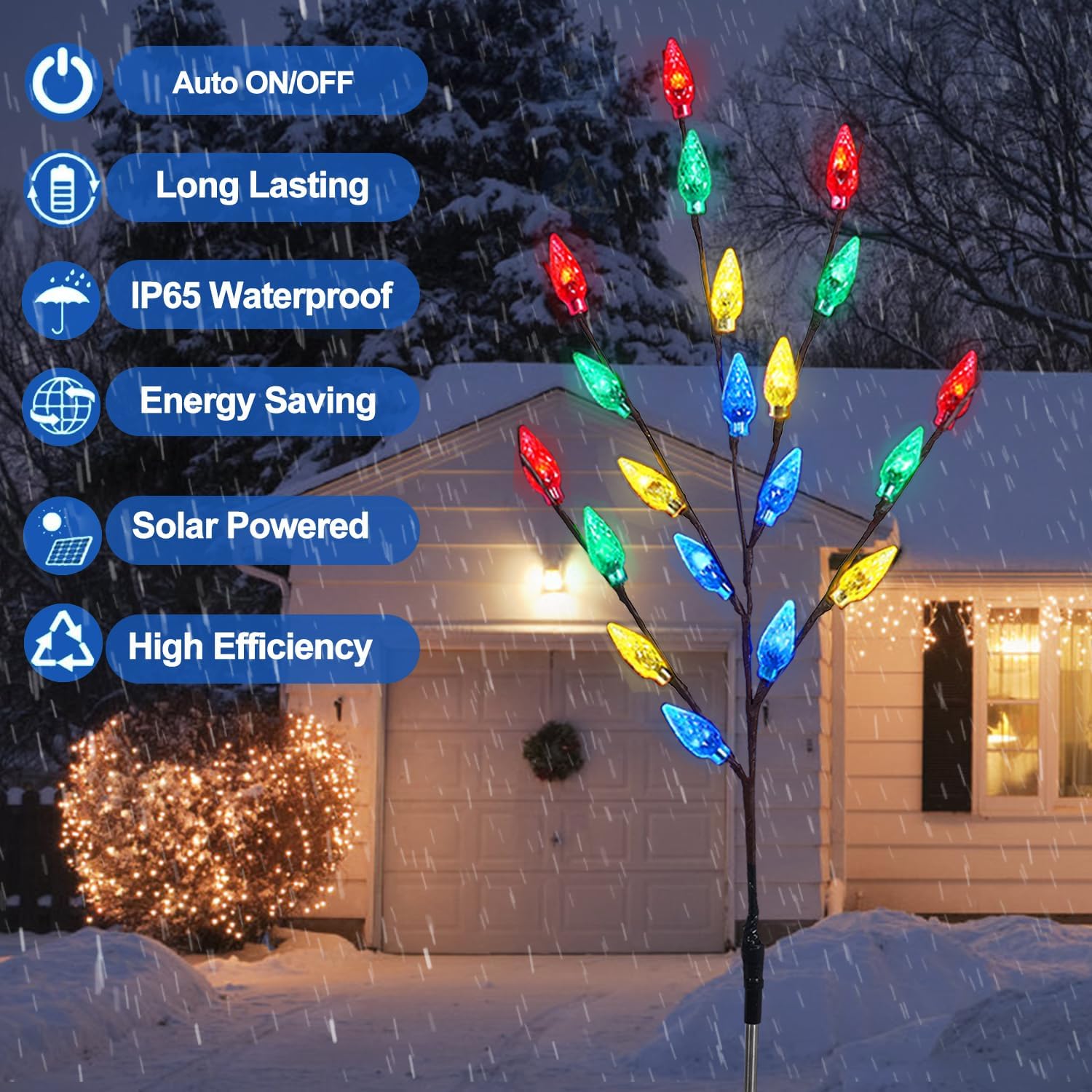 Decoraciones de Navidad para exteriores, 4 juegos de luces solares para árbol de Navidad con 80 luces C6 multicolor, adecuadas para árbol de Navidad