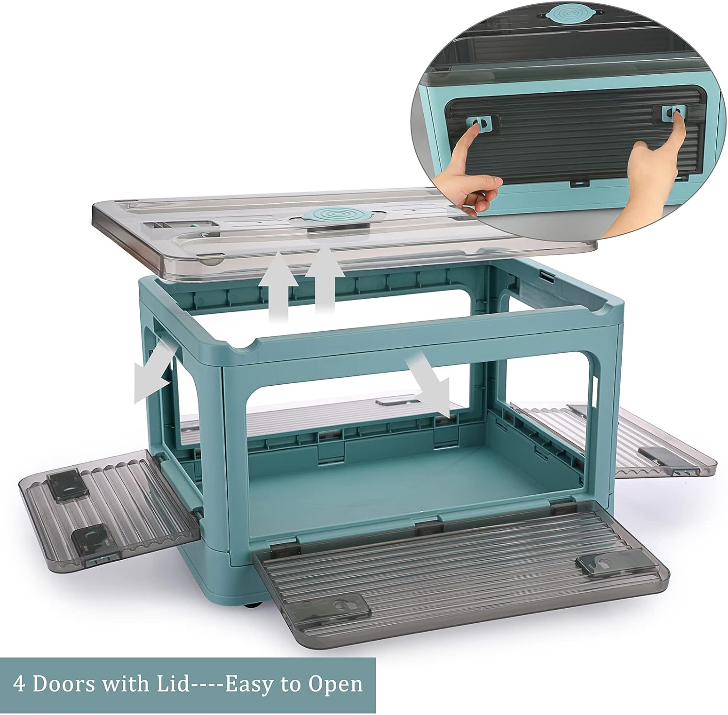 BTSKY Paquete de 2 contenedores plegables de plástico transparente de 4 puertas con tapa y ruedas de 20 litros, caja de almacenamiento plegable