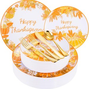 WELLIFE 150 platos de plástico de Acción de Gracias, juegos de vajilla de Acción de Gracias con diseño de hoja de arce, incluye 30 platos llanos, 30 WELLIFE 150 platos de plástico de Acción de Gracias, juegos de vajilla de Acción de Gracias con diseño de hoja de arce, incluye 30 platos llanos, 30