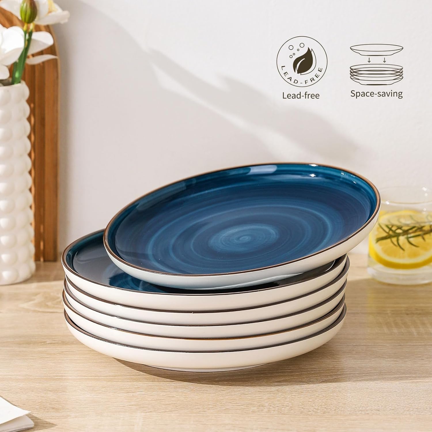 Juego de 6 platos llanos de cerámica de 10 pulgadas, platos de cocina de cerámica, aptos para microondas y lavavajillas, azul marino