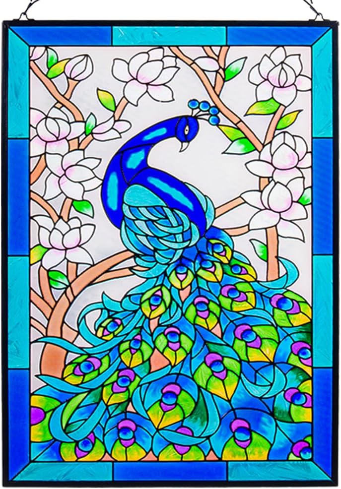 VEWOGARDEN Atrapasoles de cristal artístico de pavo real de 10 x 15 pulgadas de alto, pintado a mano, decoración de panel con cadena