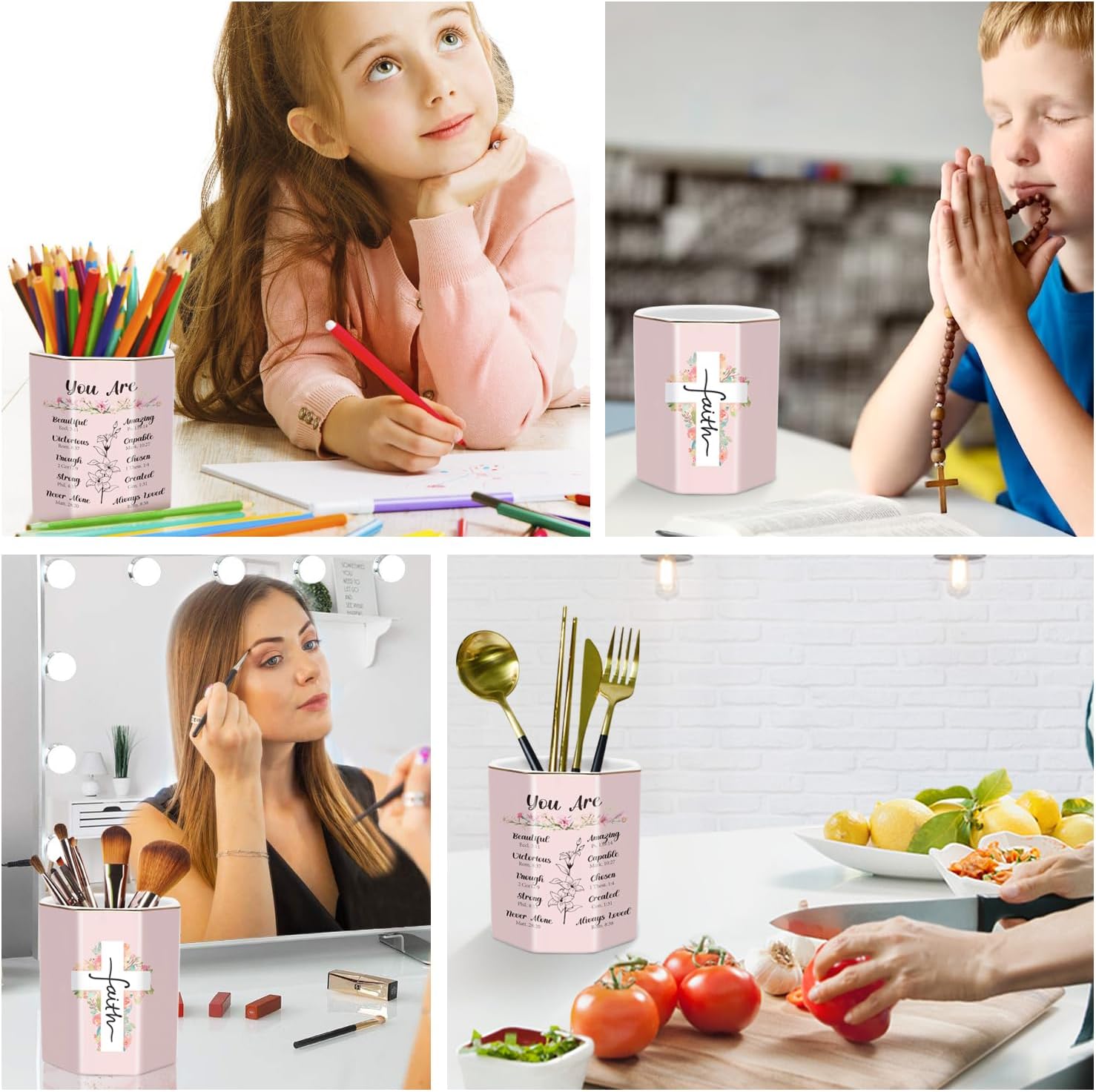 WAVEYU Soporte para bolígrafo para escritorio, bonito soporte de cerámica para lápices, soporte para marcadores de maquillaje, accesorios de