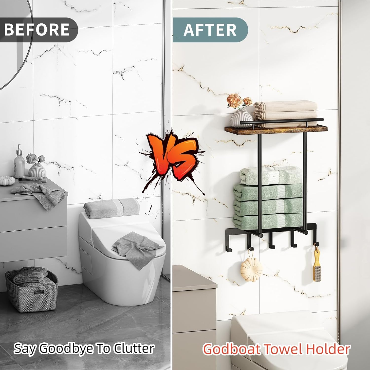 Godboat Toalleros para baño, toallero con estante de madera, 5 ganchos organizadores de baño y almacenamiento cerca del calentador de toallas,