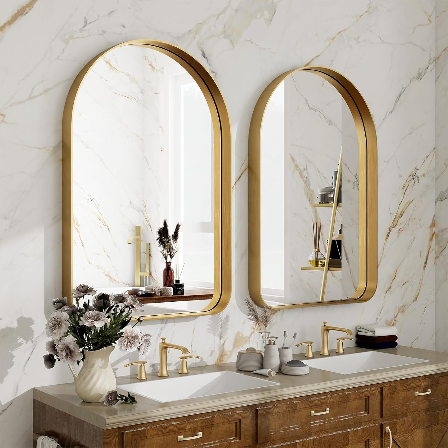 Espejo de baño arqueado, espejo de baño dorado de 38 x 26 pulgadas para pared, espejo enmarcado de aleación de aluminio, espejo de tocador de baño