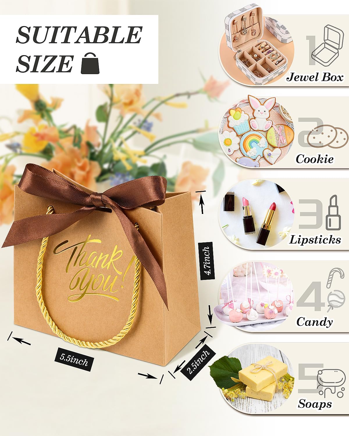 EQOREIIN Paquete de 30 bolsas de regalo de agradecimiento con asas de 5.5 x 2.4 x 4.7 pulgadas, pequeñas bolsas de regalo con cinta de lazo, bolsas