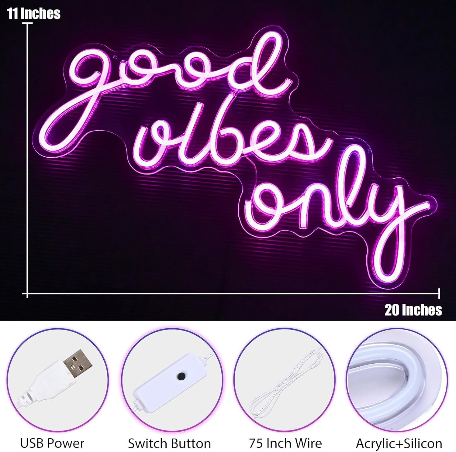 Hawisphy Good Vibes Only – Letreros de luz de neón regulables para decoración de pared, 20 x 11 pulgadas, letrero de neón LED grande, luces