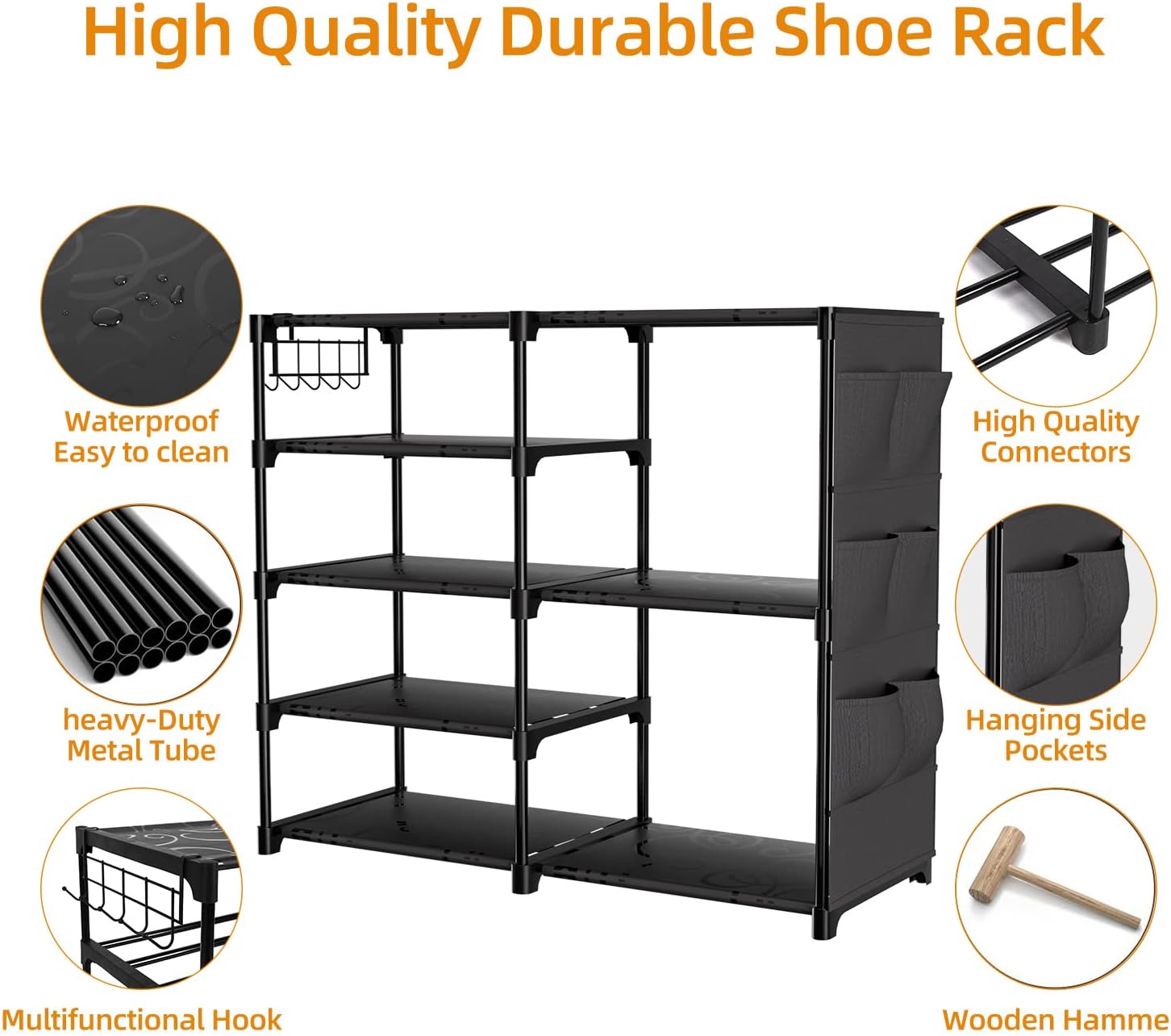 Zapatero de 5 niveles para armario, 28 pares de metal apilable para zapatos, organizador de botas, estante de zapatos con bolsa lateral para