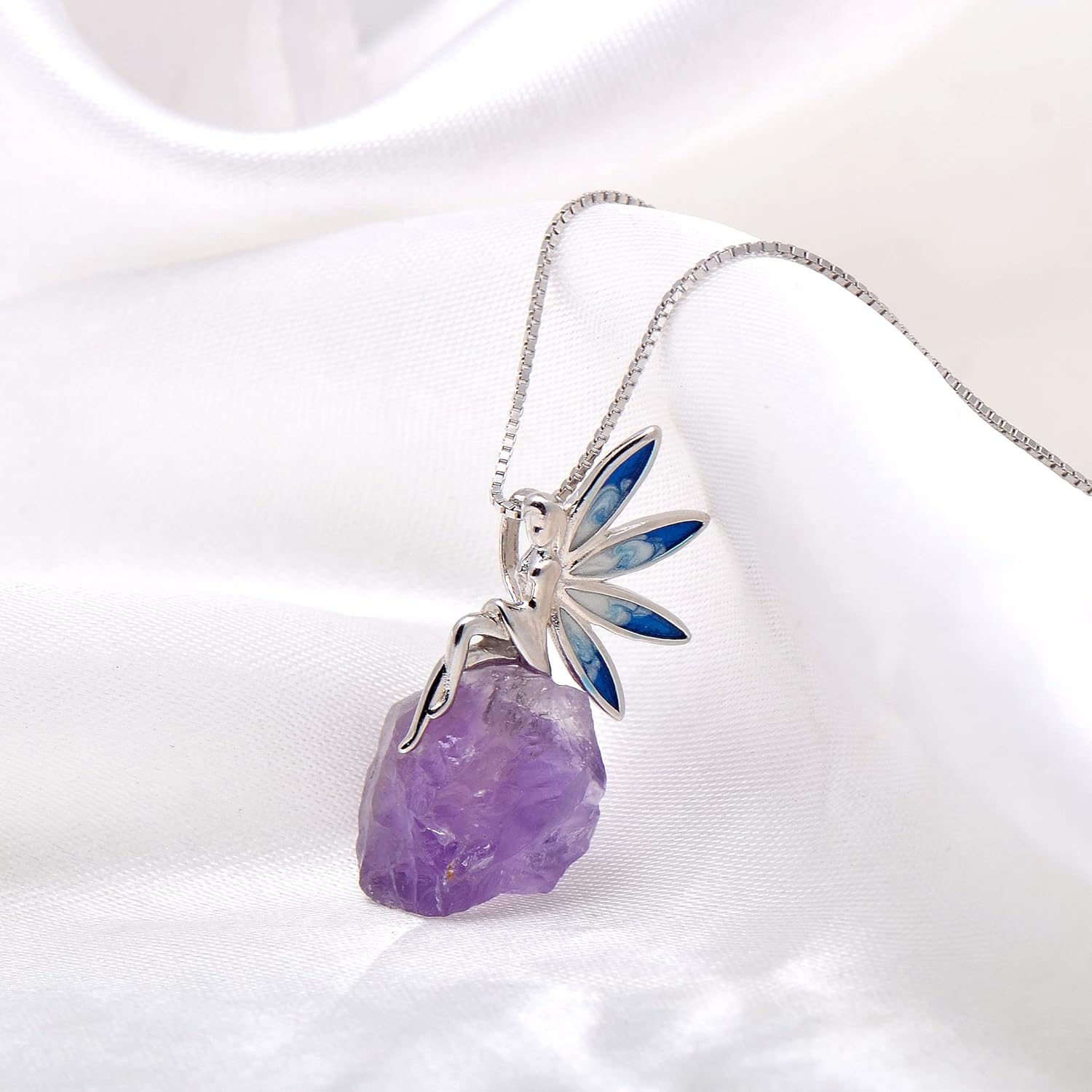 Paialco 925 Sterling Silver Fairy Sitting on Amethyst Rock Rough Stone Necklace for Women