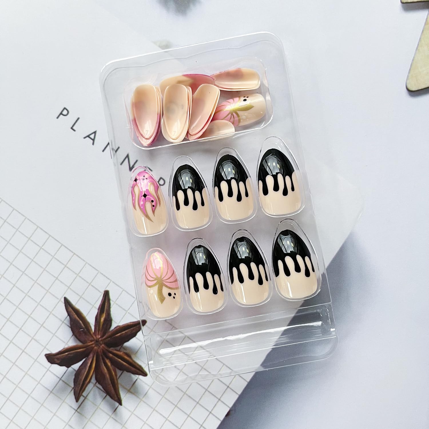 Uñas postizas de Halloween, uñas postizas medianas de punta francesa a presión, cobertura completa, calabaza, fantasma, sangre de Halloween, diseño