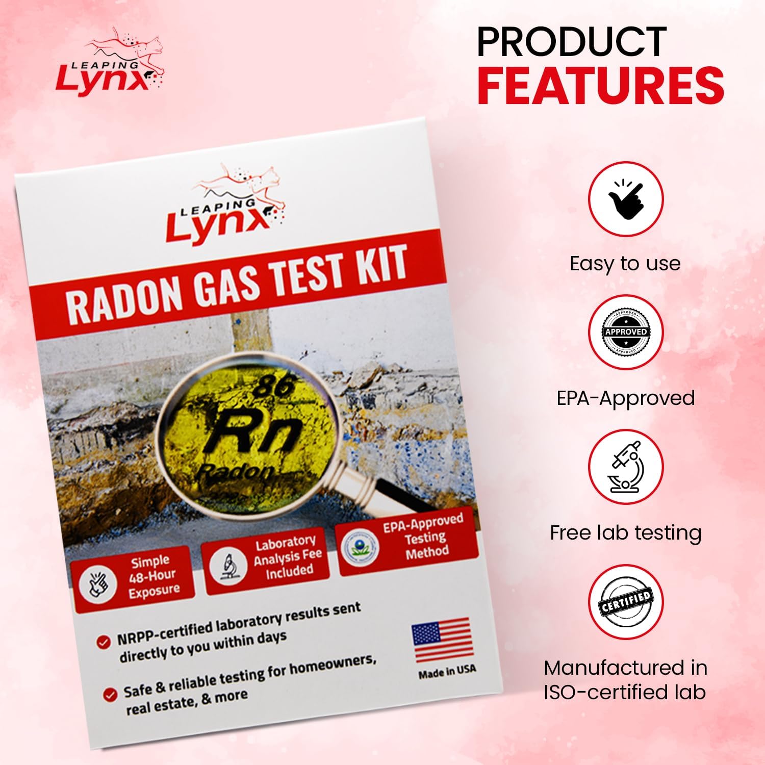 Kit de prueba de detector de gas de radón aprobado por la EPA para el hogar, tarifa de laboratorio incluida, prueba de radón a corto plazo de 48