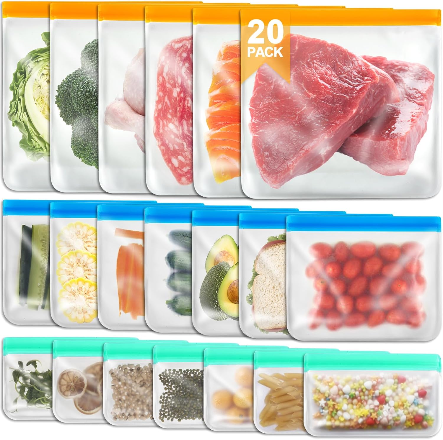 Paquete de 20 bolsas reutilizables con cierre de cremallera, 6 bolsas grandes de almacenamiento de alimentos, bolsas para congelador, 7 bolsas