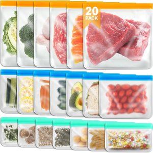 Paquete de 20 bolsas reutilizables con cierre de cremallera, 6 bolsas grandes de almacenamiento de alimentos, bolsas para congelador, 7 bolsas Paquete de 20 bolsas reutilizables con cierre de cremallera, 6 bolsas grandes de almacenamiento de alimentos, bolsas para congelador, 7 bolsas