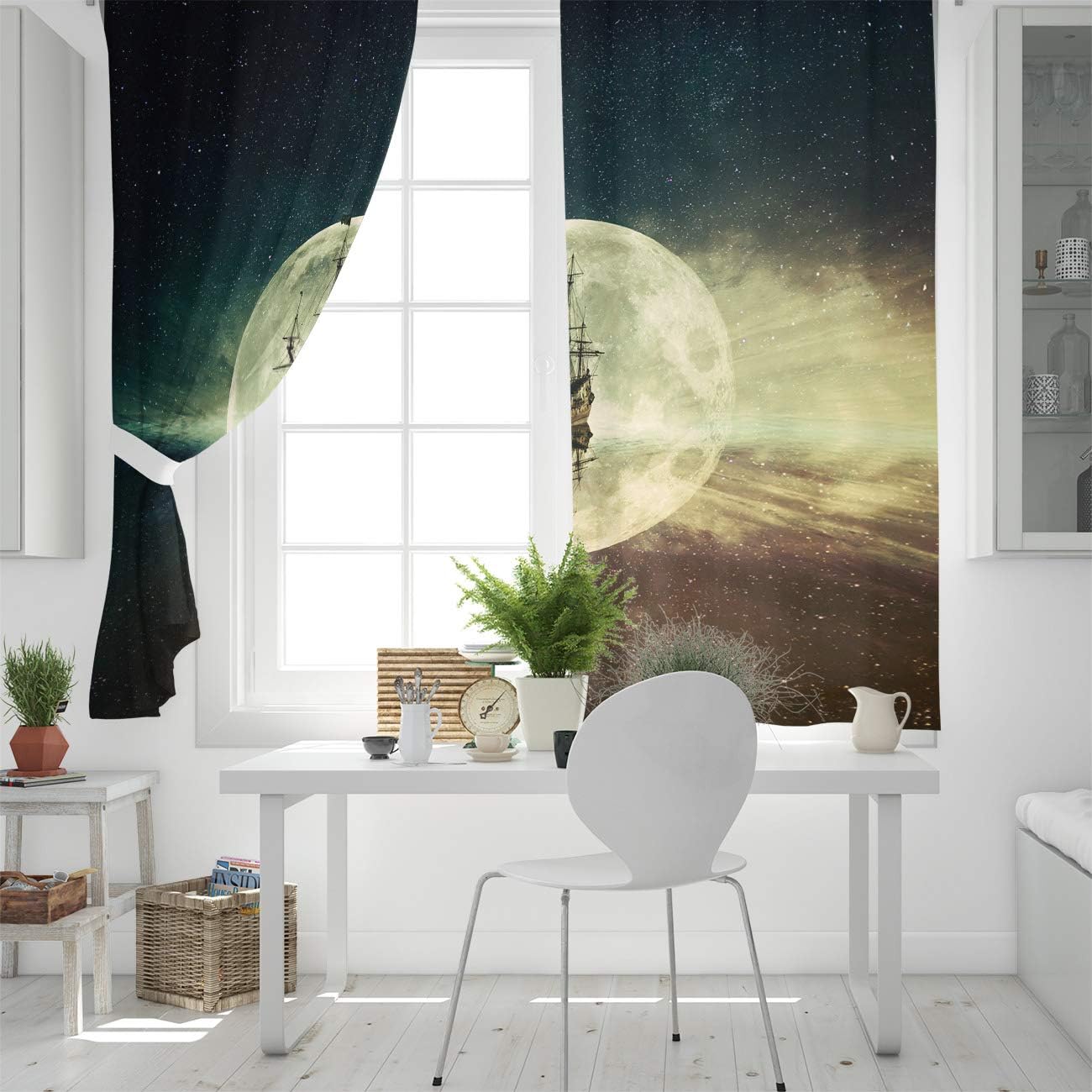 Blackout Curtains Thermal Insulated Ghost Boat in The Space Starry Sky Solid Pattern Metal Grommet Elegant Room Drapes Window Curtain for Bedroom