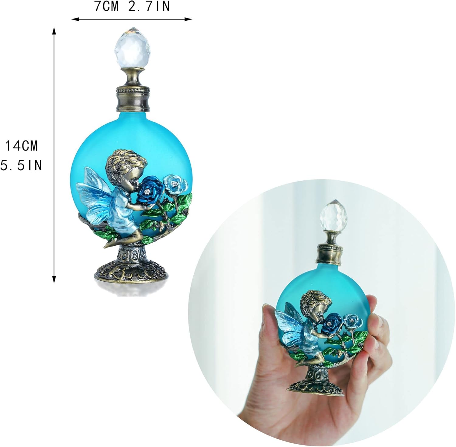 YU FENG Botellas de perfume de ángel de querubín vintage, botella de perfume de cristal recargable decorativa vacía (azul, 1.0 fl oz)