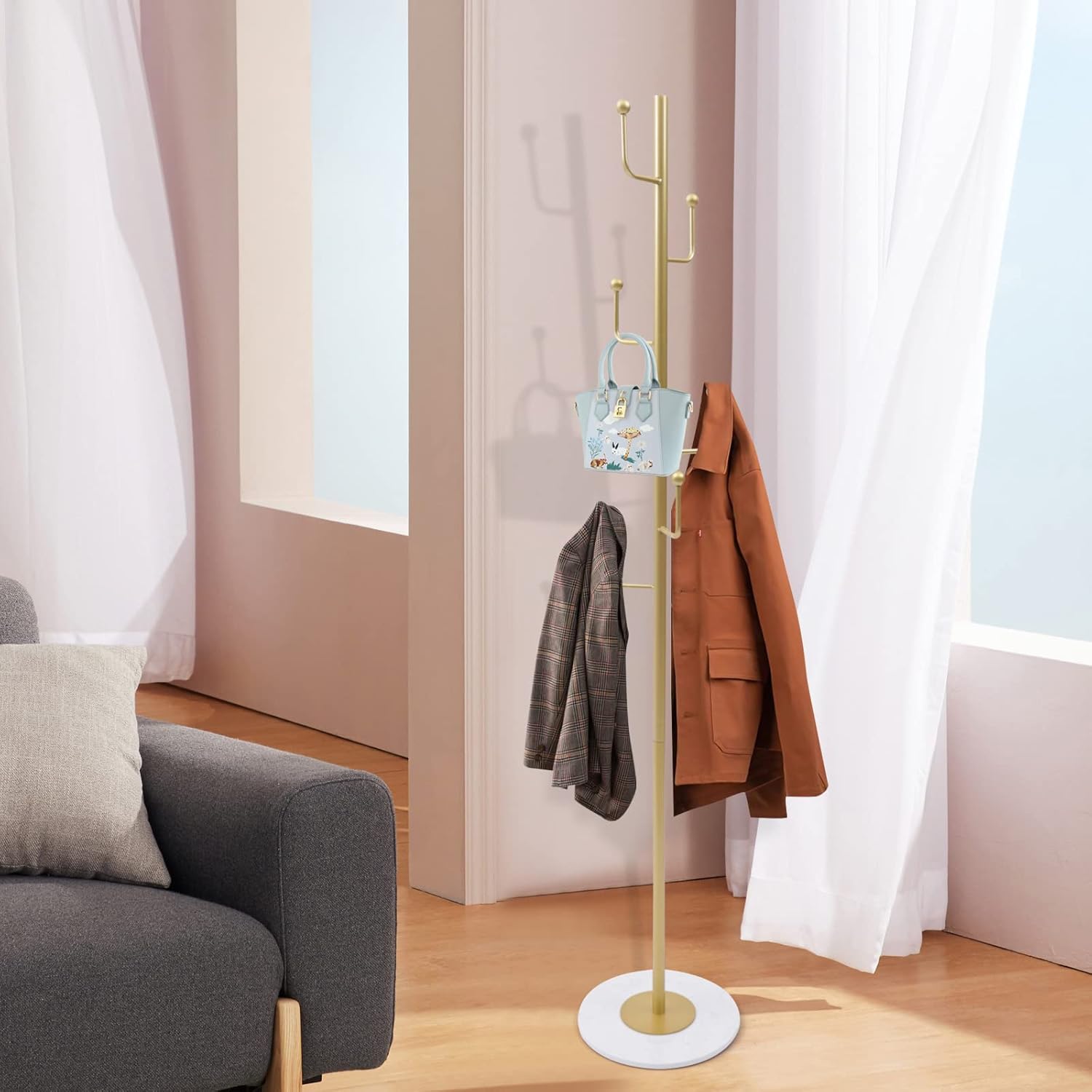 Perchero con 6 ganchos de 66.93 pulgadas de metal moderno independiente, abrigo de árbol con base de mármol para colgar sombreros, bolsos, bolsos,