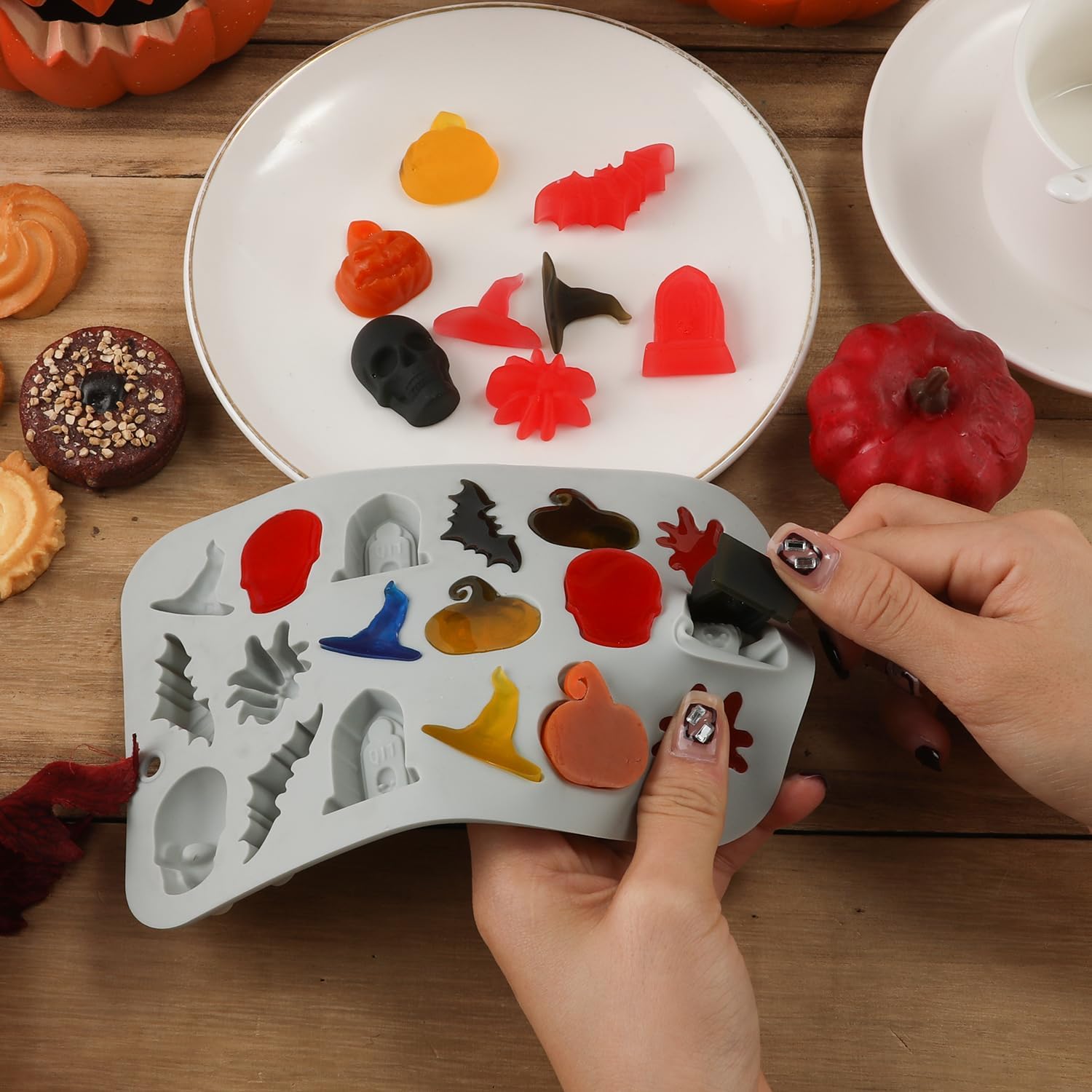 2 moldes para dulces de Halloween, molde de silicona de caramelo de chocolate para Halloween, calavera, calabaza, molde de silicona de Halloween