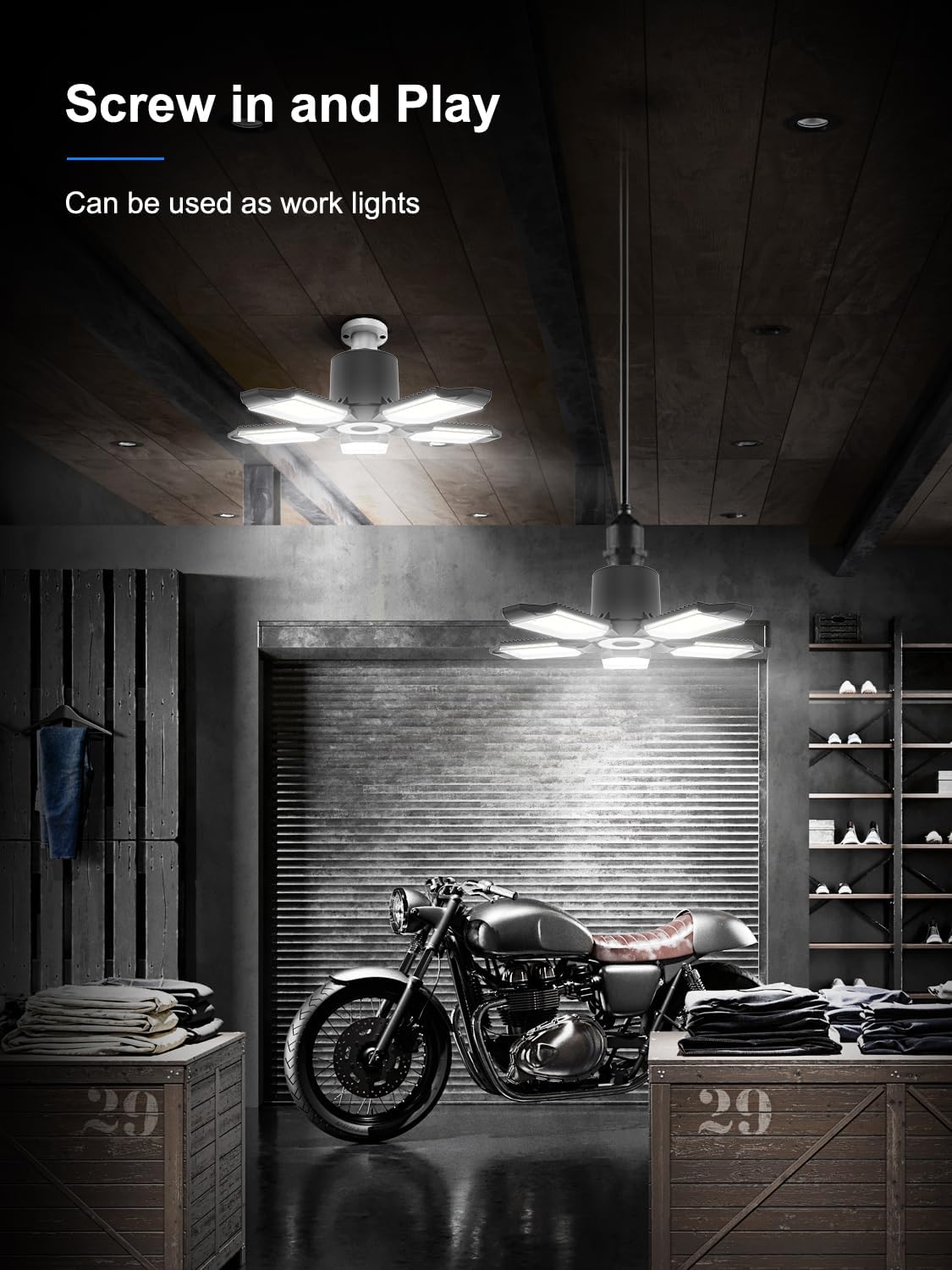 SEOBIOG Paquete de 2 bombillas LED de luz de garaje atornilladas para tienda, ultra brillante de 180 W, 18000 lúmenes, 6500 K con 5+1 paneles