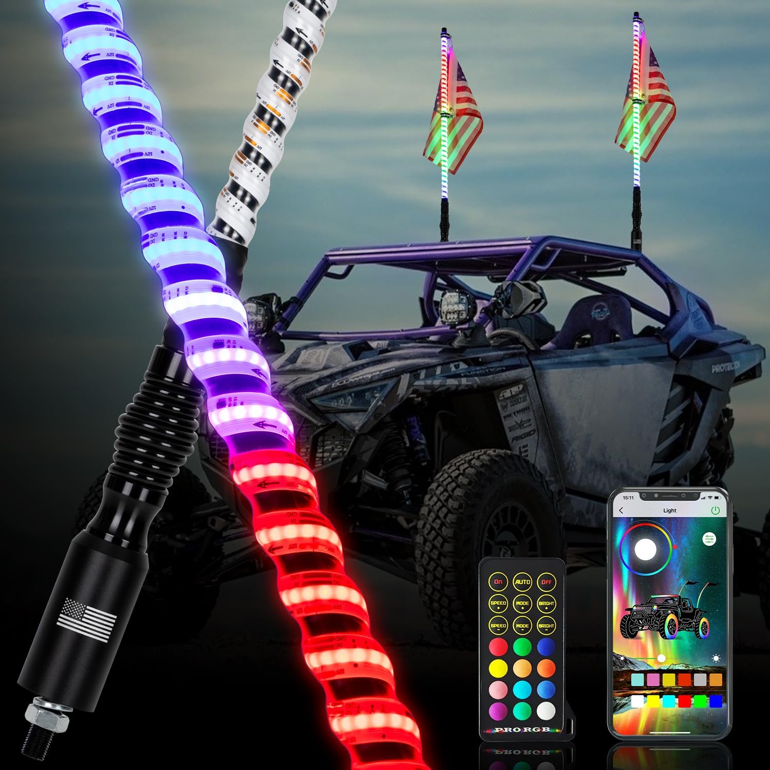2 luces LED de látigo de 3 pies con base magnética y base de resorte, Bluetooth y control remoto RGB en espiral de 360, persecución de advertencia