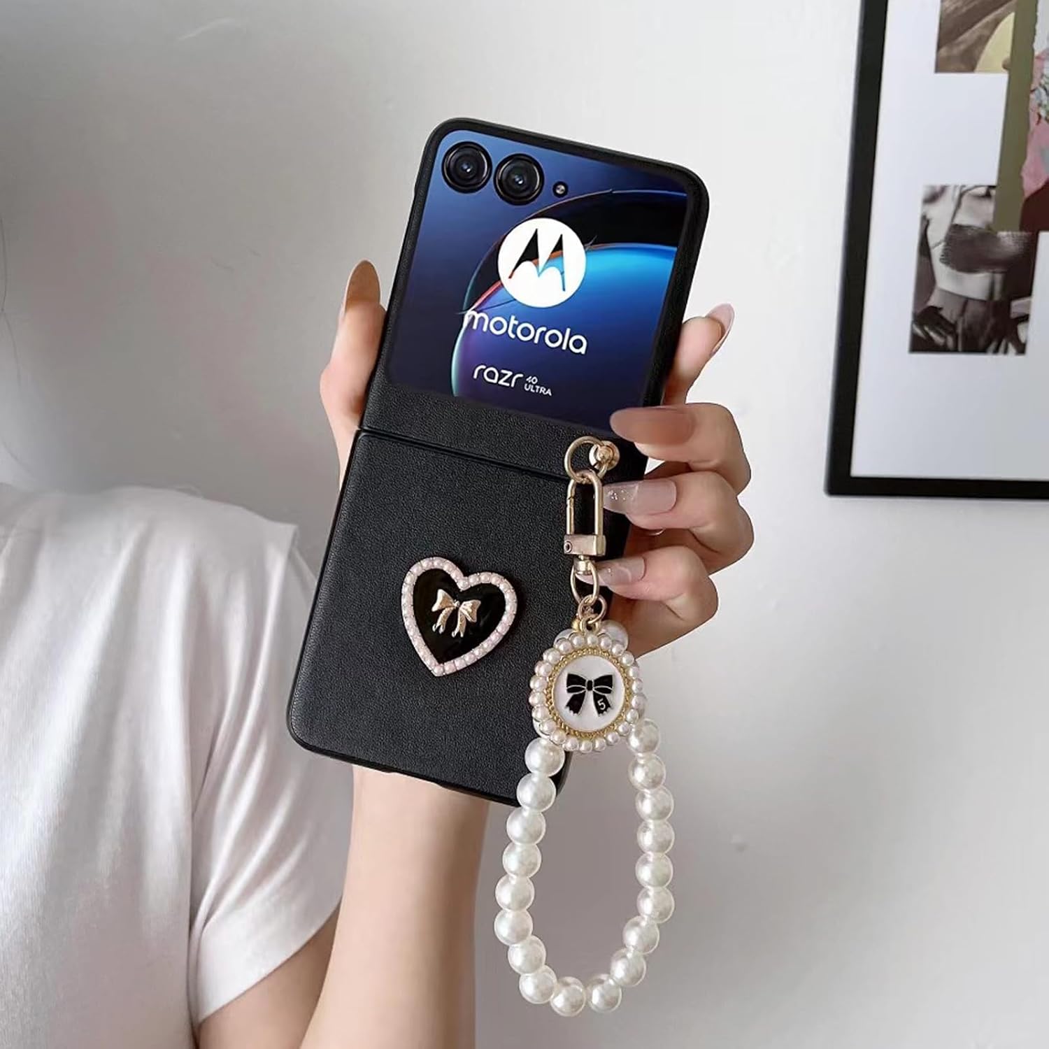 Funda para Motorola Razr Plus 2023 con cadena para mujer, funda protectora de piel sintética a prueba de golpes, bonita funda de teléfono para Moto