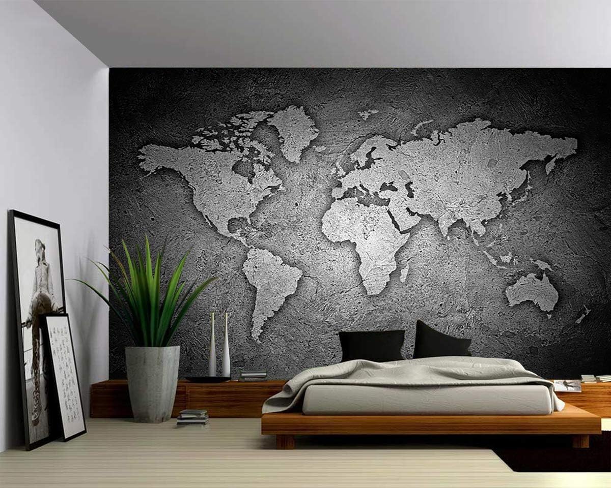 Picture Sensations Mural de pared con textura de lienzo, mapa del mundo con textura de piedra en blanco y negro, papel tapiz de vinilo autoadhesivo,