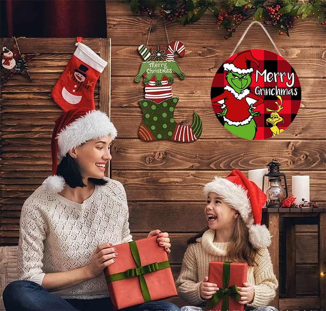 Corona de Navidad, corona de Feliz Grinchmas para puerta delantera, decoraciones de Navidad, letreros de puerta de madera, decoración del hogar para