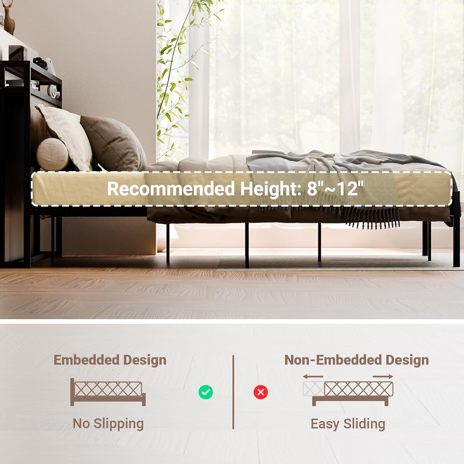 Zevemomo Base de cama Queen con estación de carga, base de cama de plataforma tamaño Queen con cabecera de estante de almacenamiento, marco de cama