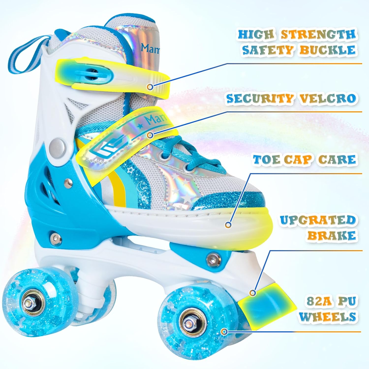 MammyGol Patines de ruedas para niñas y niños, 4 tamaños ajustables de arco iris, patines cuádruples con todas las ruedas iluminadas para niños