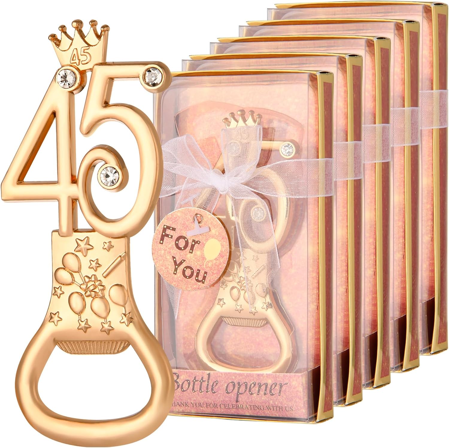 24 boxes of rose gold themed 45th birthday bottle openers, suitable for 45th anniversary wedding party gifts, 45th birthday party souvenirs or party