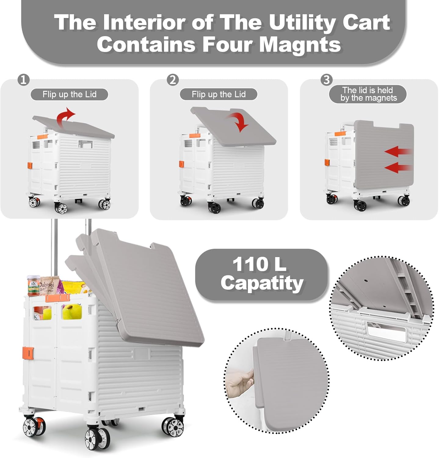 Carro plegable de utilidad, carrito de herramientas portátil plegable con ruedas, capacidad de carga de 176 libras, tapa magnética telescópica con