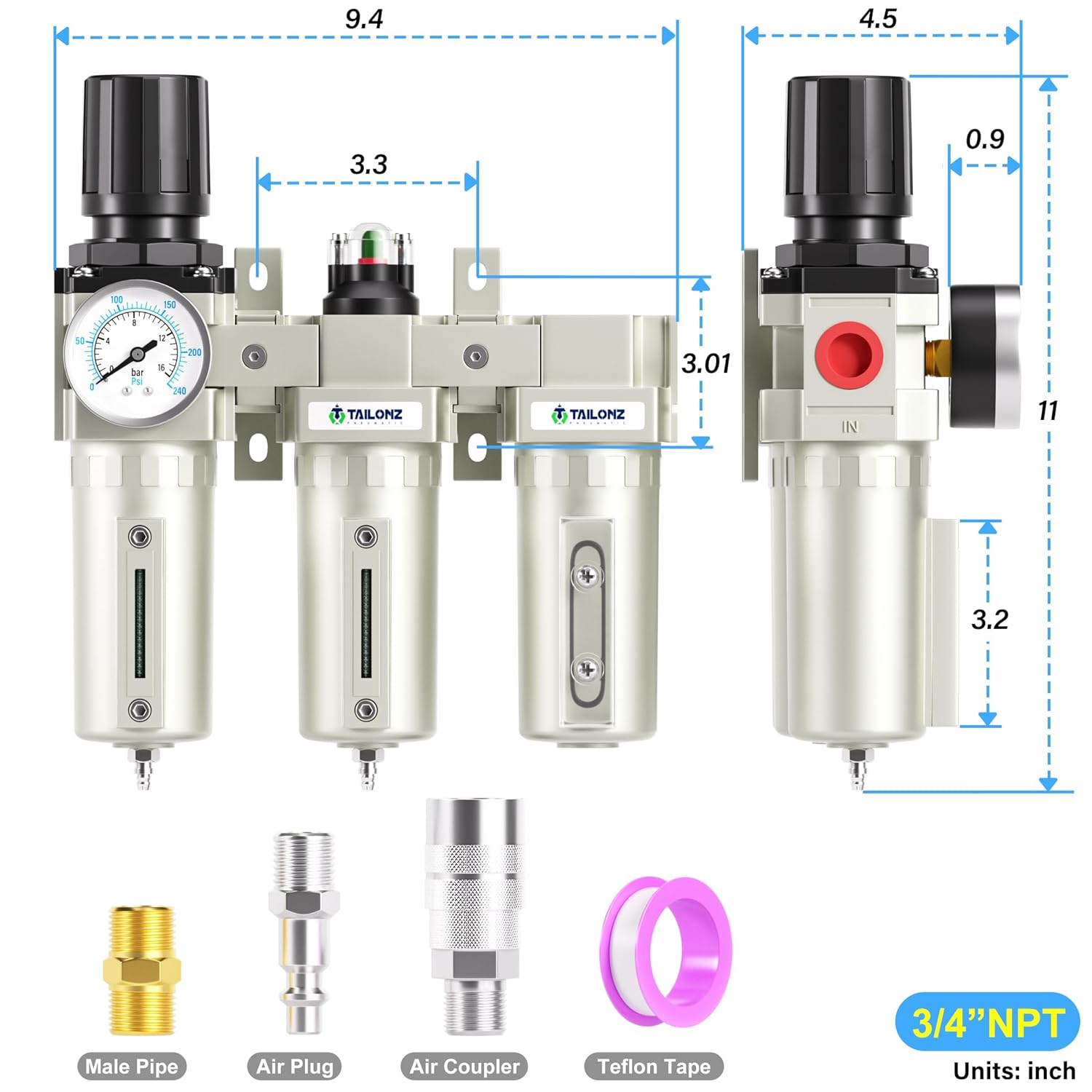 TAILONZ PNEUMATIC 0-240PSI Sistema de secado de aire de tres etapas de grado industrial NPT de 34 pulgadas, filtro de partículas, filtro