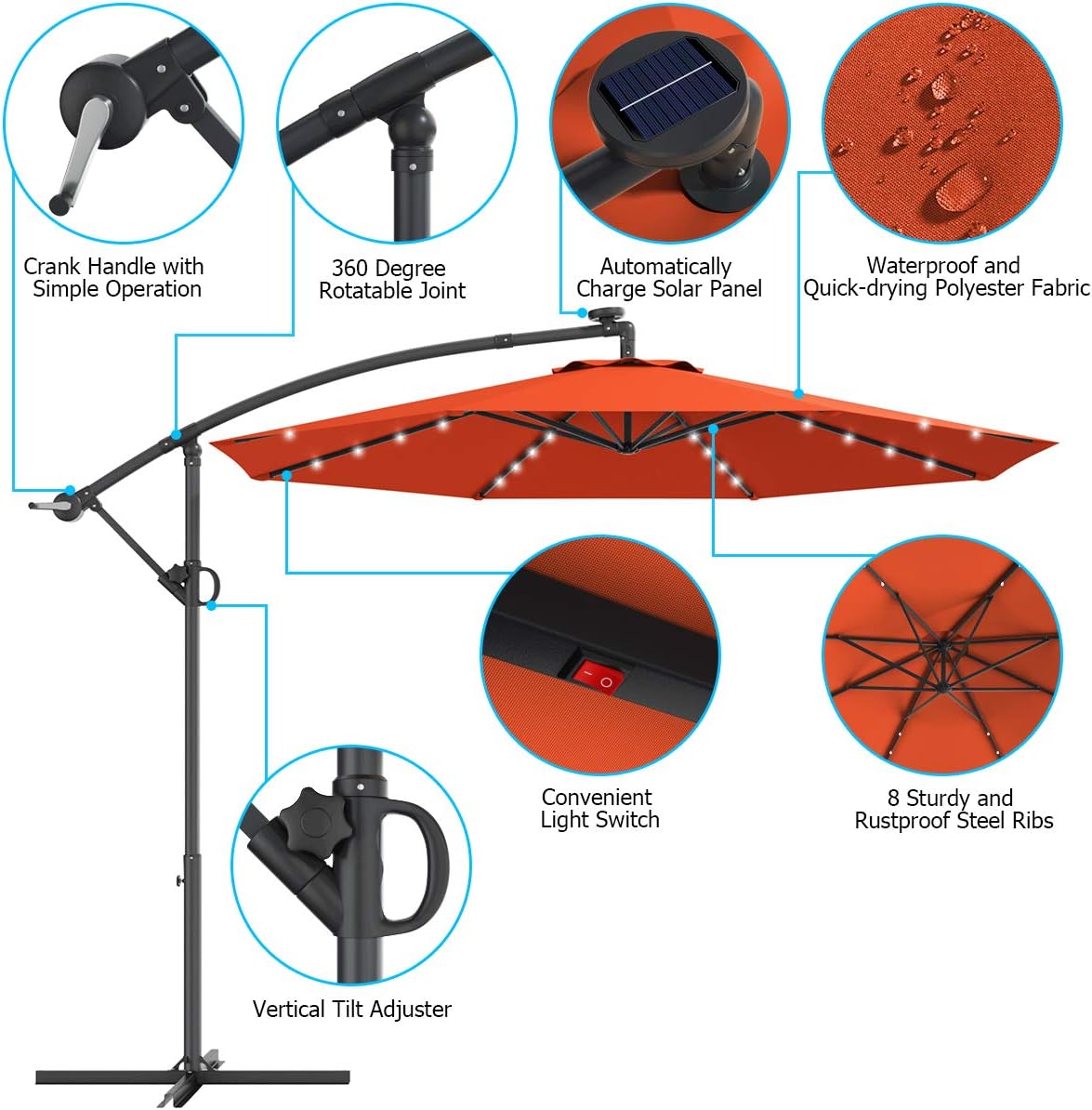 Tangkula Paraguas de patio de 10 pies con rotación de 360 grados, paraguas LED alimentado por energía solar con manivela y base cruzada, paraguas de