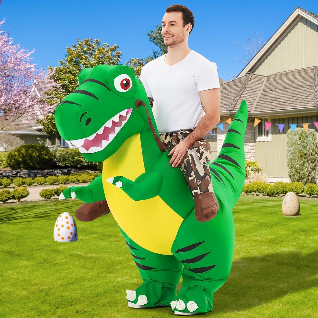 COMIN Disfraz inflable de dinosaurio para niños, disfraz de dinosaurio inflable de T-Rex, vestido divertido verde para fiesta de Halloween