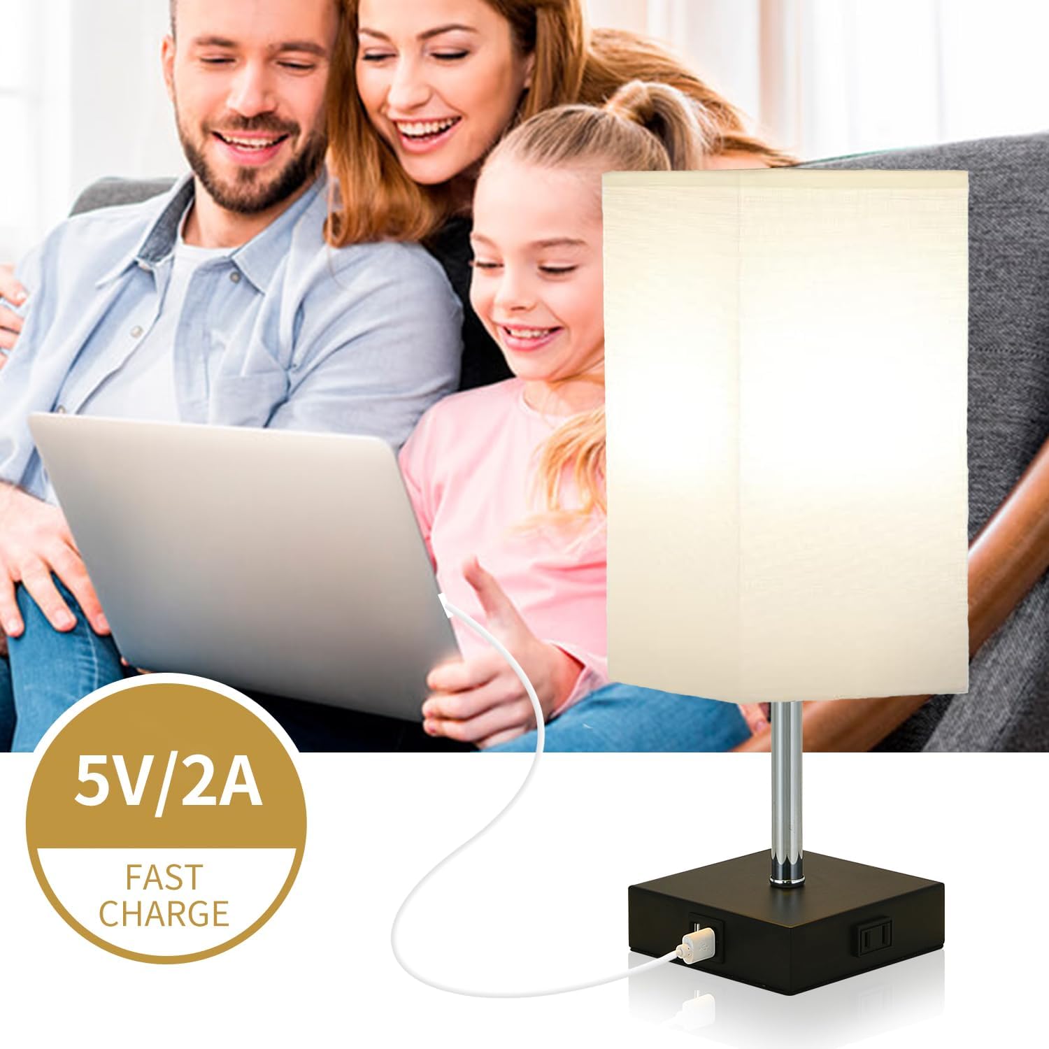 Lámpara de noche con control táctil, lámparas de mesa regulables de 3 vías con 2 puertos USB y tomacorriente, lámpara de mesita de noche para