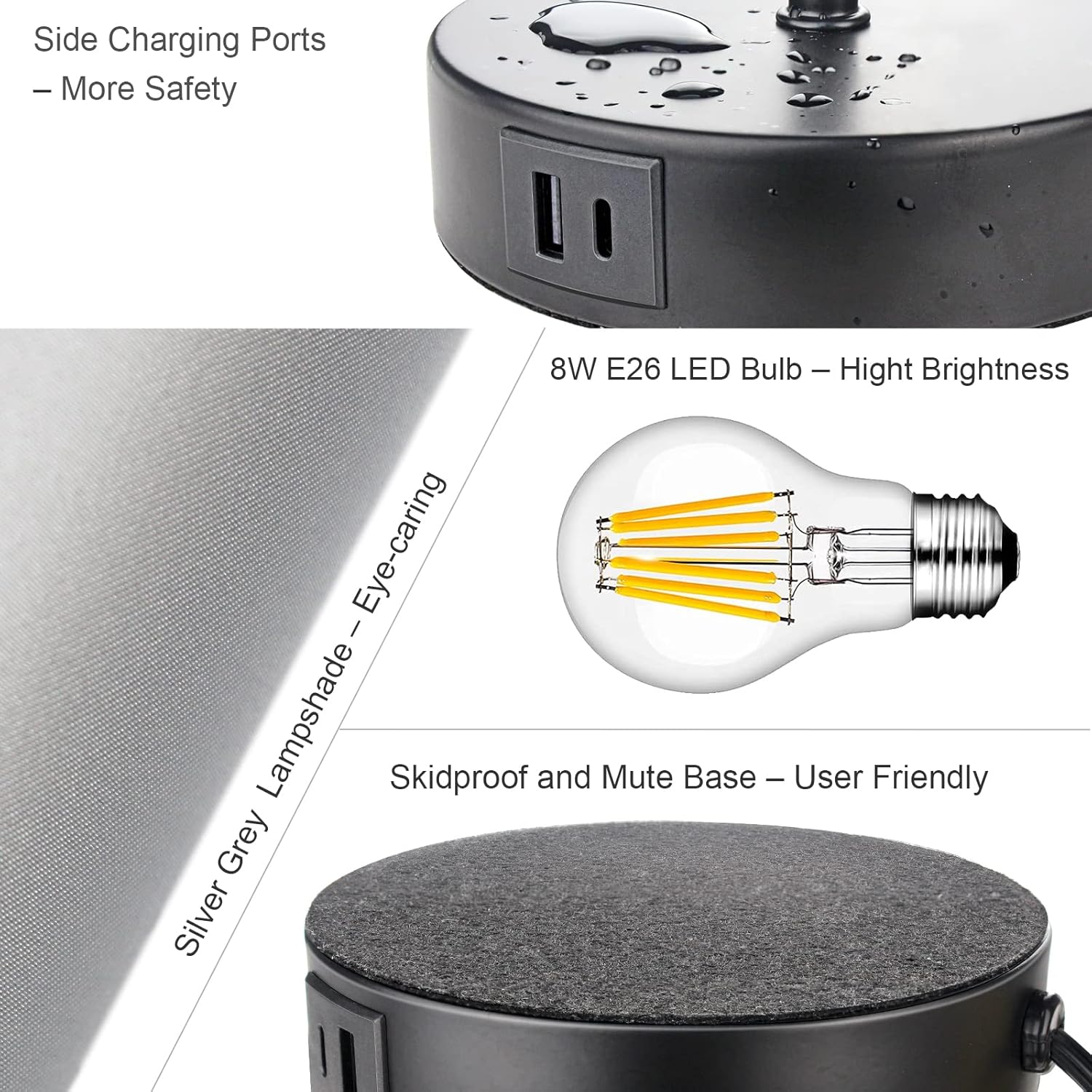 Lámparas de mesita de noche de 15.75 pulgadas con puertos USB A+C y salida de CA, pequeña luz de mesita de noche para dormitorios, lámpara de