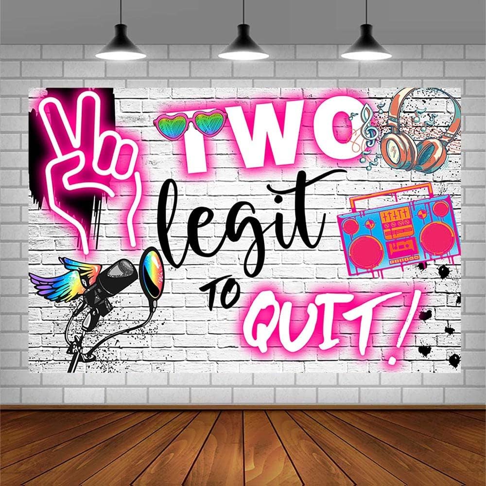 SENDY Two Legit to Quit – Telón de fondo de segundo cumpleaños para niña, decoraciones de fiesta de hip hop, luces de neón rosas, graffiti, pared de