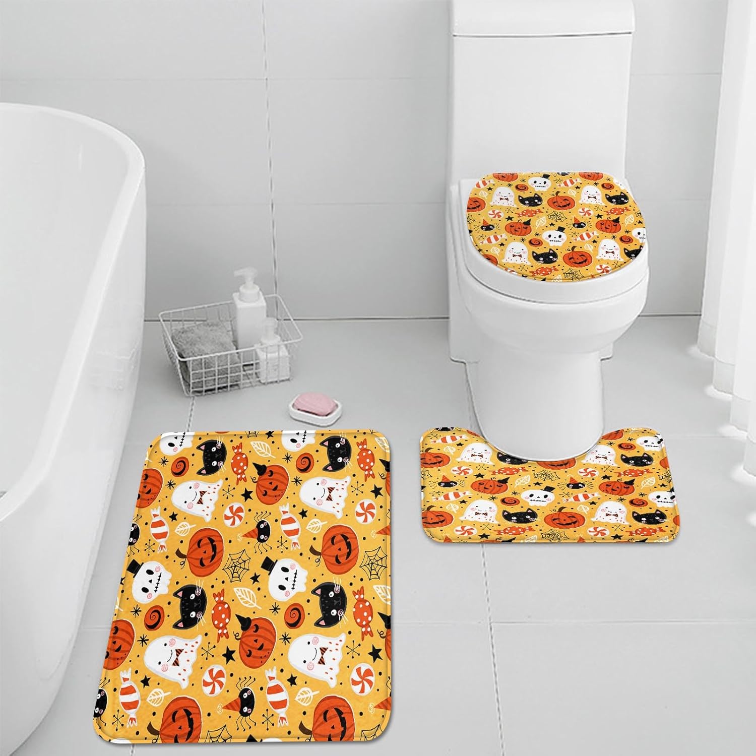 ArtSocket Juego de 3 alfombras y tapetes de baño de calabazas de Halloween, tapetes de baño de terror espeluznantes, antideslizantes, lindos tapetes