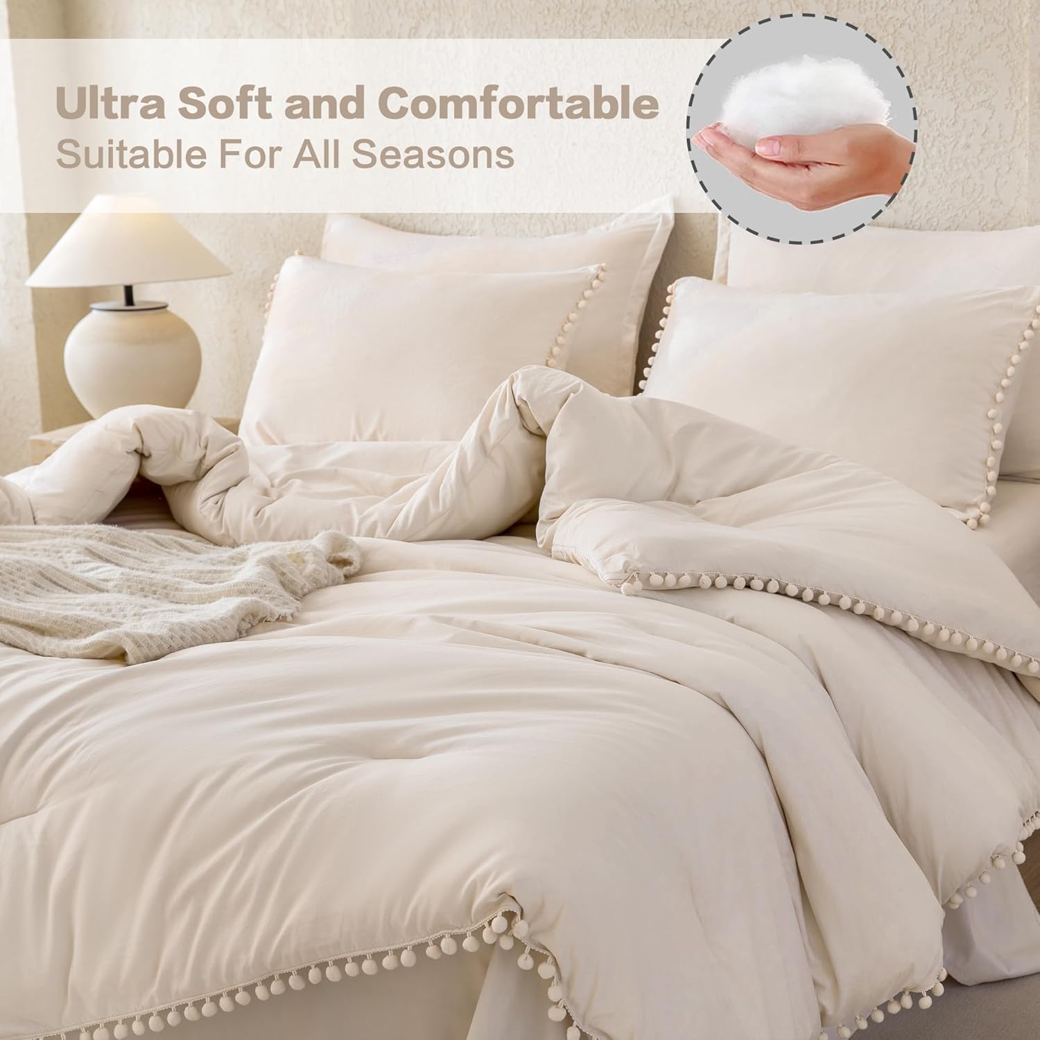 Litanika Juego de edredón de tamaño Queen beige, 3 piezas beige bohemio con pompones, ropa de cama ligera para todas las estaciones (1 edredón de 90