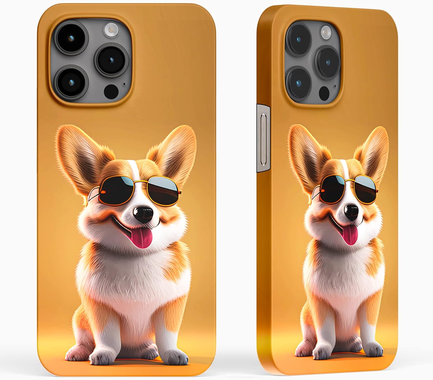 Lindo Corgi cachorro con gafas de sol amarillo para iPhone 14 Pro Max Descripción de la caja del teléfono, paquete completo de pintura en aerosol,