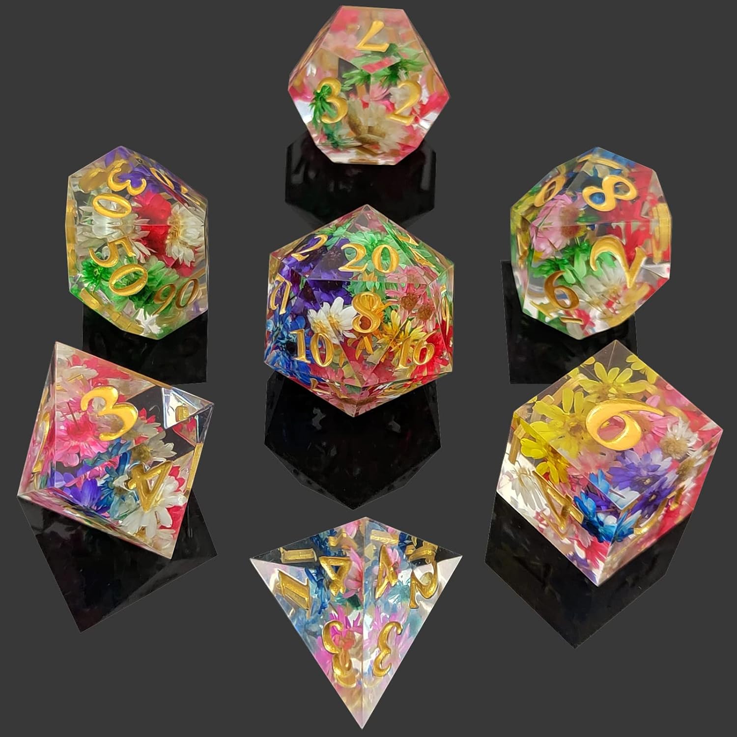 Flower Rain Dados DND dados de resina poliédrica para Dungeons & Dragons, RPG y juegos de mesa – Juego de 7 dados DND de borde afilado con estuche