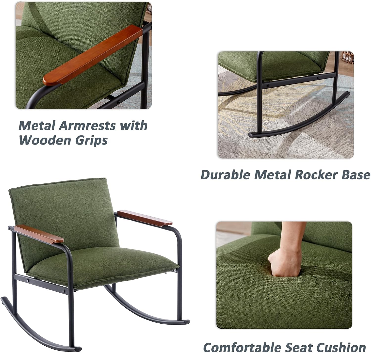DUOMAY Modern Accent – Juego de 2 mecedoras tapizadas de mediados de siglo con base de metal, tela de lino, silla de guardería con agarres de madera