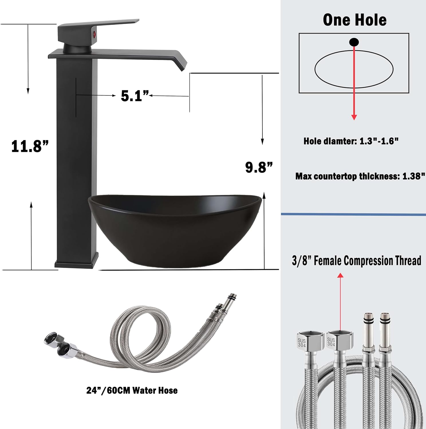 Grifo de fregadero de recipiente negro mate para fregadero de 1 agujero, mango único, montaje en cubierta, grifo de fregadero de baño, grifo