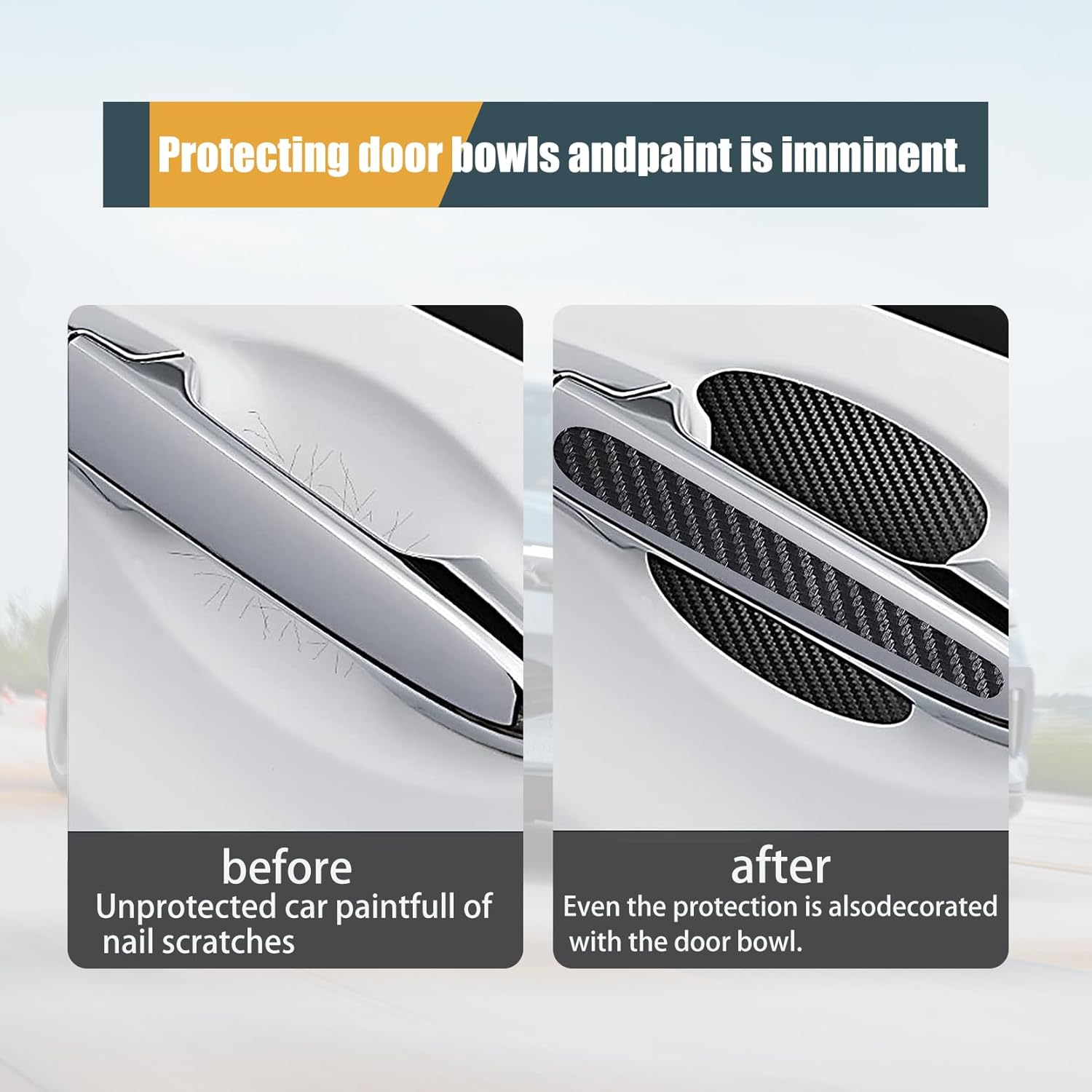 4 calcomanías para manija de puerta de automóvil, 3.3 x 3.4 pulgadas, textura de fibra de carbono, antiarañazos, impermeable, sin rastros, protector